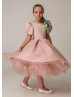 Short Sleeves Blush Pink Satin Pearls Tulle Flower Girl Dress